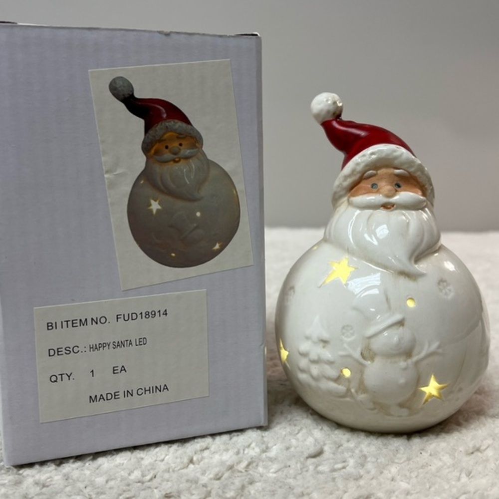 BI Happy Santa LED Ceramic Light-up Figurine with Red Hat